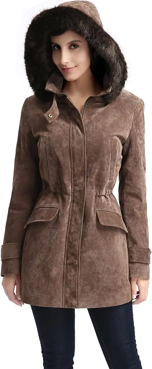 BGSD Women Chloe Suede Leather Hooded Parka Coat