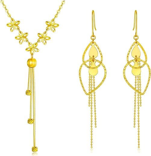 18k Gold Cherry Blossm Necklace and Interlock Dangle Earrings for Women ...