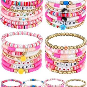 28 Pcs Cheer Preppy Bead Bracelets Friendship Bracelet Bulk Y2k Stretchy Bracelets for Women Beach Preppy Jewelry Heishi Bracelets Set Pearl...