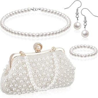 4 Pcs Women Pearl Clutch Purses with Pearl Necklace Bracelet Earring Set Pearl Jewelry Set Pearl Evening Bag Pearl Handbag Pearl Accessories for...