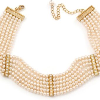 6-Strand White Coloured Faux Pearl Bridal Diamante Choker Necklace in Gold Plated Metal - 30cm L/ 5cm Ext