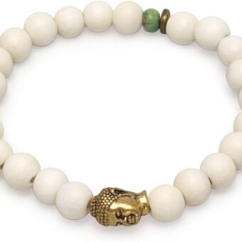 8 Inch Fashion Stretch Bracelet 8mm White Wood Beads a Base Metal Buddha Bead Jewelry Gifts for Women