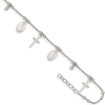 925 Sterling Silver CZ Cubic Zirconia Simulated Diamond Religious Faith Cross and Mary Charm Pendant Necklace With 1inch Ext Anklet 9 Inch Measures...