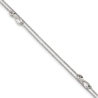 925 Sterling Silver Rhodium Plated 2 strand With 1inch Ext. Infinity Anklet 9 Inch Measures 1mm Wide Jewelry Gifts for Women