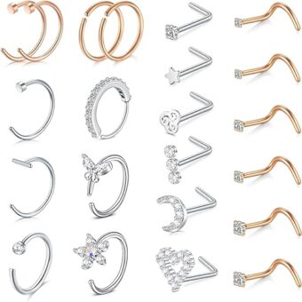 Anicina Nose Rings 18G & 20G & 22G Nose Rings Hoops Surgical Steel Nose Piercing Kit L Shape Nose Studs for Women CZ Heart Moon Nose Piercing Jewelry