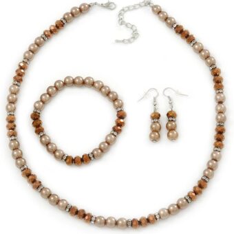 Avalaya Light Brown/Topaz Glass Bead With Crystal Rings Necklace, Flex Bracelet & Drop Earrings Set In Silver Tone - 44cm L/ 5cm Ext