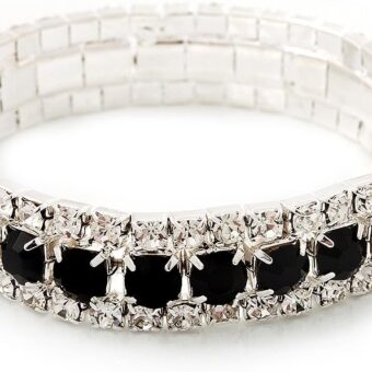 Black & Clear Diamante Flex Bracelet (Silver Tone Metal) - 18cm Length