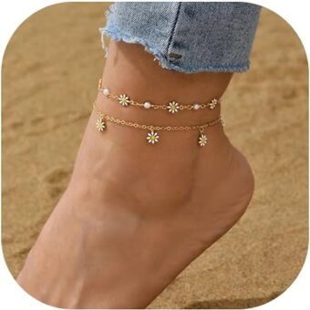 Bohemian Daisy Flowers Anklet for Women Girls,Adjustable Layered Beach Foot Chain Pearl Ankle Bracelets Dainty Foot Jewelry Gifts