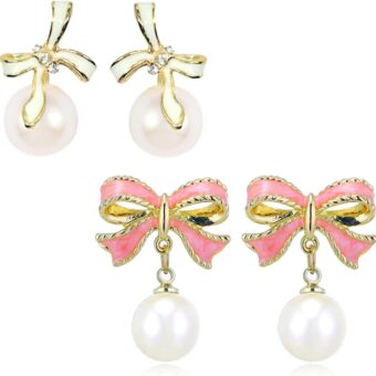 Bow Earrings Gold for Women, Hypoallergenic Earring Set, Pearl Bow Earrings, Ribbon Earrings, Clean Girl Aesthetic Cute Jewelry Gift