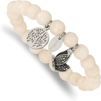 Chisel Stainless Steel and Polished Butterfly Angel Wings And Tree Of Life 8mm White Jade Beaded Stretch Bracelet Jewelry Gifts for Women