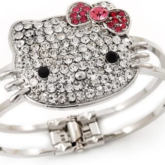 Diamante 'Kitten' With Pink Bow Hinged Bangle Bracelet In Rhodium Plated Metal