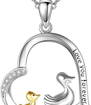 Duck Gifts Necklace 925 Sterling Silver Duck Pendant Necklace Heart Duck Mom and Child Jewelry for Women Girls Duck Lovers Gifts