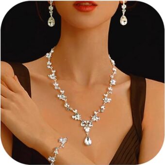 FINREZIO Bridal Jewelry Set for Women Rhinestone Necklace Earring Set