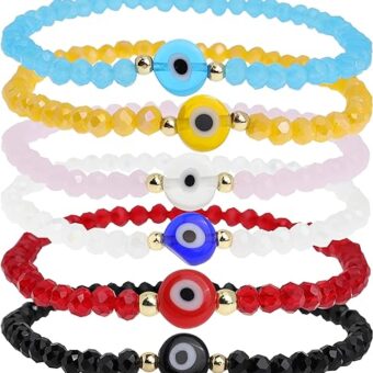 Frigotine 6Pcs Evil Eye Protection Bead Friendship Bracelets For Woman Girls, Boho Colorful Stone Crystal Stackable Stretch Bracelet Summer Jewelry...