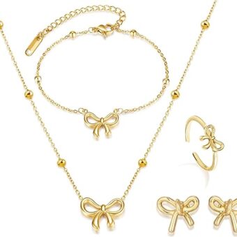 Frodete Bow Necklace Earring Ring Set for Women Bow Choker Necklace Gold Jewelry Set Open Stackable Ring Coquette Stud Earrings Bridal Wedding Jewelry