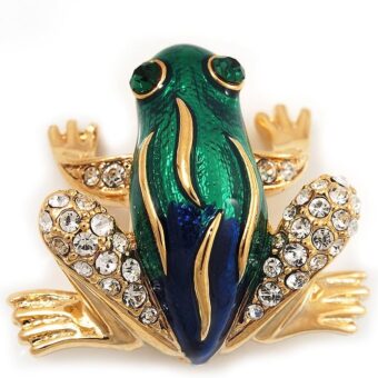 Funky Green/Blue Enamel Diamante 'Frog' Brooch In Gold Plated Metal - 2.5cm Length