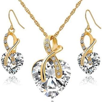 Gift! Gold Plated Jewelry Sets For Women Crystal Heart Necklace Earrings Jewellery Set Bridal Wedding Accessories