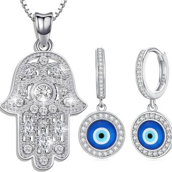 Hamsa Necklace for Women Men Evil of Eye Earrings Sterling Silver Hamsa Evil of Eye Jewelry Set