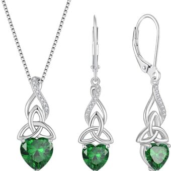 Infinity Celtic Knot Jewelry Set for Women 925 Sterling Silver Irish Necklace Emerald Dangle Drop Leverback Earrings May Birthstone Jwelry Gifts...