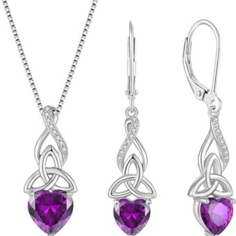 Infinity Celtic Knot Jewelry Set for Women 925 Sterling Silver Irish Necklace Amethyst Dangle Drop Leverback Earrings February Birthstone Jwelry...