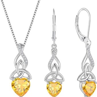 Infinity Celtic Knot Jewelry Set for Women 925 Sterling Silver Irish Necklace Citrine Dangle Drop Leverback Earrings November Birthstone Jwelry...