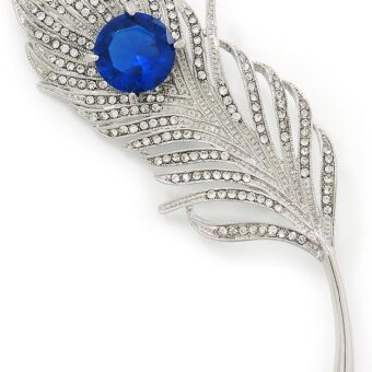 Large Diamante Peacock 'Feather' Brooch In Rhodium Plating (Clear/Sapphire Blue Colour) - 95mm Long