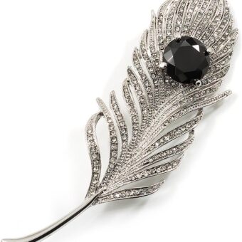 Large Diamante Peacock Feather Silver Tone Brooch (Clear & Black) - 11.5cm Length