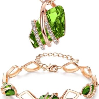 Leafael Wish Stone Necklace and Bracelet Jewelry Set for Women, August Birthstone Peridot Green Crystal Jewelry, Silver Tone Gifts for Women