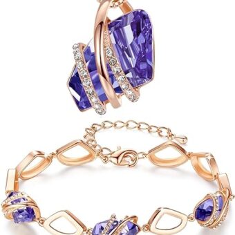 Leafael Wish Stone Necklace and Bracelet Jewelry Set for Women, February Birthstone Tanzanite Purple Crystal Jewelry, Silver Tone Gifts for Women