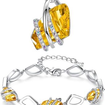 Leafael Wish Stone Necklace and Bracelet Jewelry Set for Women, November Birthstone Citrine Yellow Crystal Jewelry, Silver Tone Gifts for Women