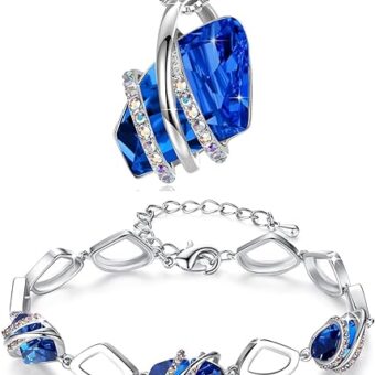 Leafael Wish Stone Necklace and Bracelet Jewelry Set for Women, September Birthstone Sapphire Blue Crystal Jewelry, Silver Tone Gifts for Women