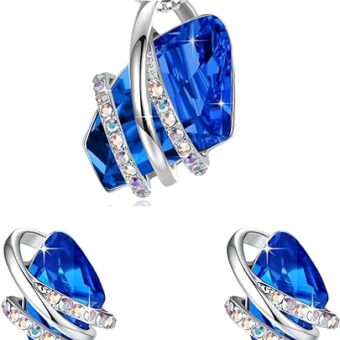 Leafael Wish Stone Necklace and Stud Earrings Jewelry Set for Women, September Birthstone Sapphire Blue Crystal Jewelry, Silver Tone Gifts for Women