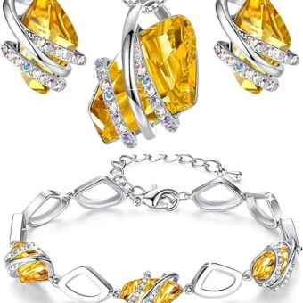 Leafael Wish Stone Necklace, Stud Earrings and Bracelet Jewelry Set for Women, November Birthstone Citrine Yellow Crystal Jewelry, Silver Tone...