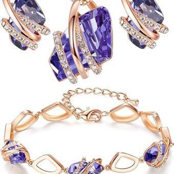 Leafael Wish Stone Necklace, Stud Earrings, and Bracelet Jewelry Set for Women, February Birthstone Tanzanite Purple Crystal Jewelry, Silver Tone...