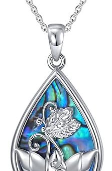 Lotus Necklace Pendant 925 Sterling Silver Dragonfly Necklace Abalone Jewelry Gifts for Women Girls Mom