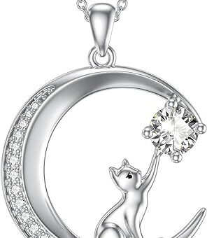 Moon Cat Necklace for Women 925 Sterling Silver Moissanite Diamond Cat with Moon Pendant Necklace Anniversary Birthday Mother's Day Christmas...