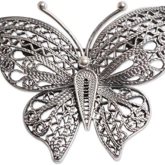 NOVICA Handmade .925 Sterling Silver Filigree Brooch Pin Butterfly Aged Peru Animal Themed [1.4 in L x 1.7 in W] 'Aged Catacaos Butterfly'