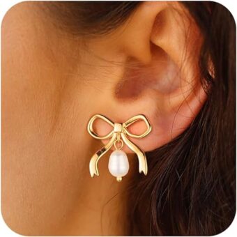 Pearl Earrings for Women Trendy: Flat Back Stud Earrings 14K Gold Plated/925 Sterling Silver Freshwater Pearl Dangle Earrings Cute Bow Earrings...