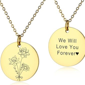 Personalized Engraved Birth Flower Disc Necklace for Women Customized Text Stainless Steel Round Pendant Combined Birth Flower Bouquet Necklace...