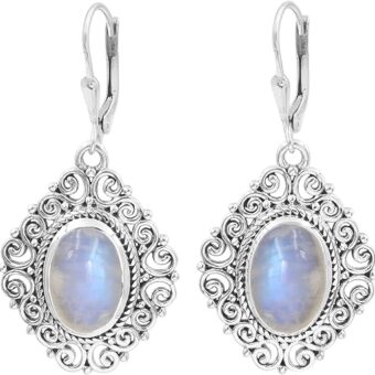 Rainbow Moonstone Earrings 925 Sterling Silver Filigree Leverback Drop Dangle Earrings Jewelry for Women and Girls