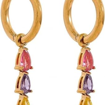 Shiny Colorful CZ Water Drop Hoop Earrings Stainless Steel Gold Color Jewelry Gift