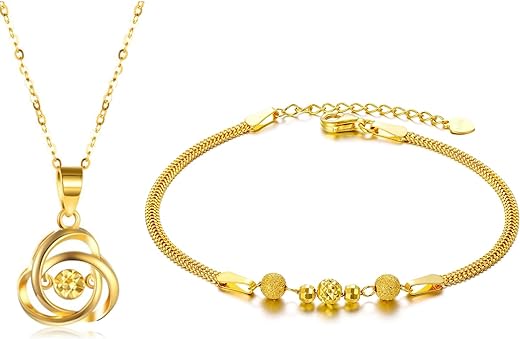 SISGEM 18K Gold Love Knot Necklace and Bead Bracelet, Fine Jewelry for Women