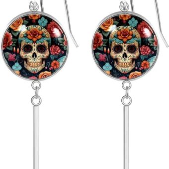 Sugar Skull Flowers Floral Glass Dangle Earrings for Women, Stainless Steel Circle Drop Earrings Elegant Dangling Earrings for Women Teen Girls