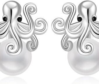 TIGER RIDER Octopus Women's Sterling Silver Earrings, Pearl Stud Earrings for Mother, Octopus Silver Jewelry Gifts for Birthdays, Anniversaries,...