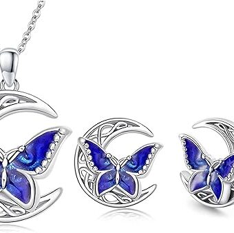 Twoowl Butterfly Stud Earrings and Necklace Set 925 Sterling Silver Celtic Moon Jewelry Irish Gifts for Women Girls