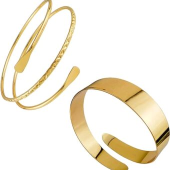 2Pcs Upper Arm Bracelet Cuff Bangle Minimalist Gold Metal Coil Arm Cuff Bracelets for Women Girls Irregular Wave Chunky Cuff Bangle Armband...