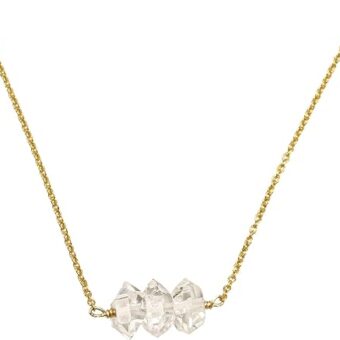 3 Stone Herkimer Diamond Necklace on 18 inch 14K Gold Filled Chain; Crystal Necklace for Women by Lotus Stone Design (18, Gold)