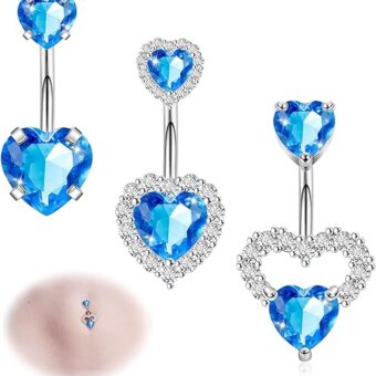 3PCS 14G 316L Stainless Steel Belly Button Rings for Women Girls Cute Double Heart Belly Rings Pink CZ Navel Piercing Jewelry