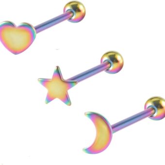 3Pcs 14G Star Heart Moon Tongue Rings for Women Men Surgical Steel 16mm Tongue Studs Barbell Cartilage Helix Earrings Body Piercing Jewelry