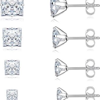 4 Pairs Cubic Zirconia Earrings Studs, Hypoallergenic Stud Earrings for Men Princess Cut Square Earrings for Women Girls Silver Stainless Steel...